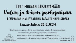 Read more about the article Tervetuloa mukaan järjestämään Valon ja toivon perhepäivää Lempäälään la 25.5.